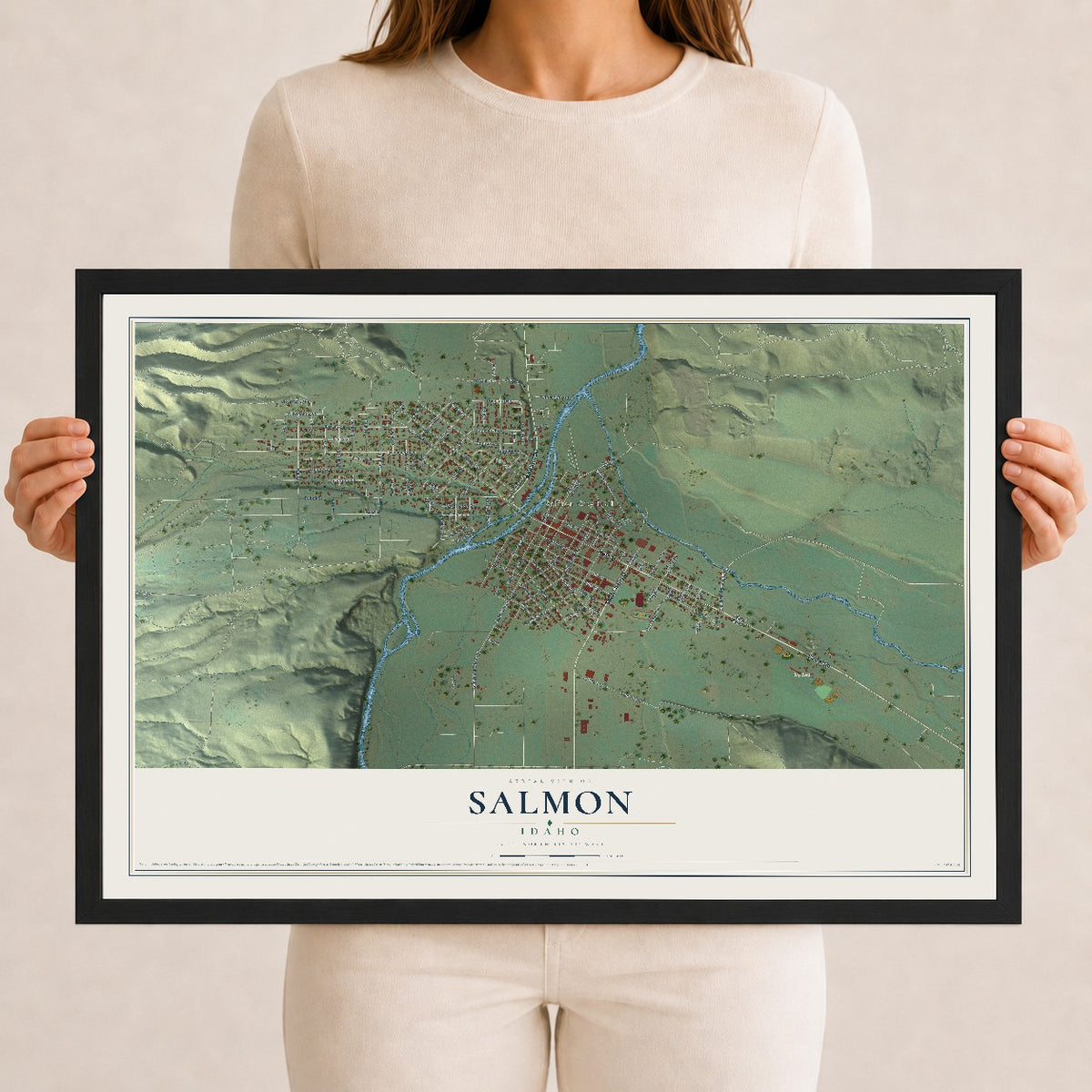 Map of Salmon, Idaho, 12 x 18 inch print in a black wood frame