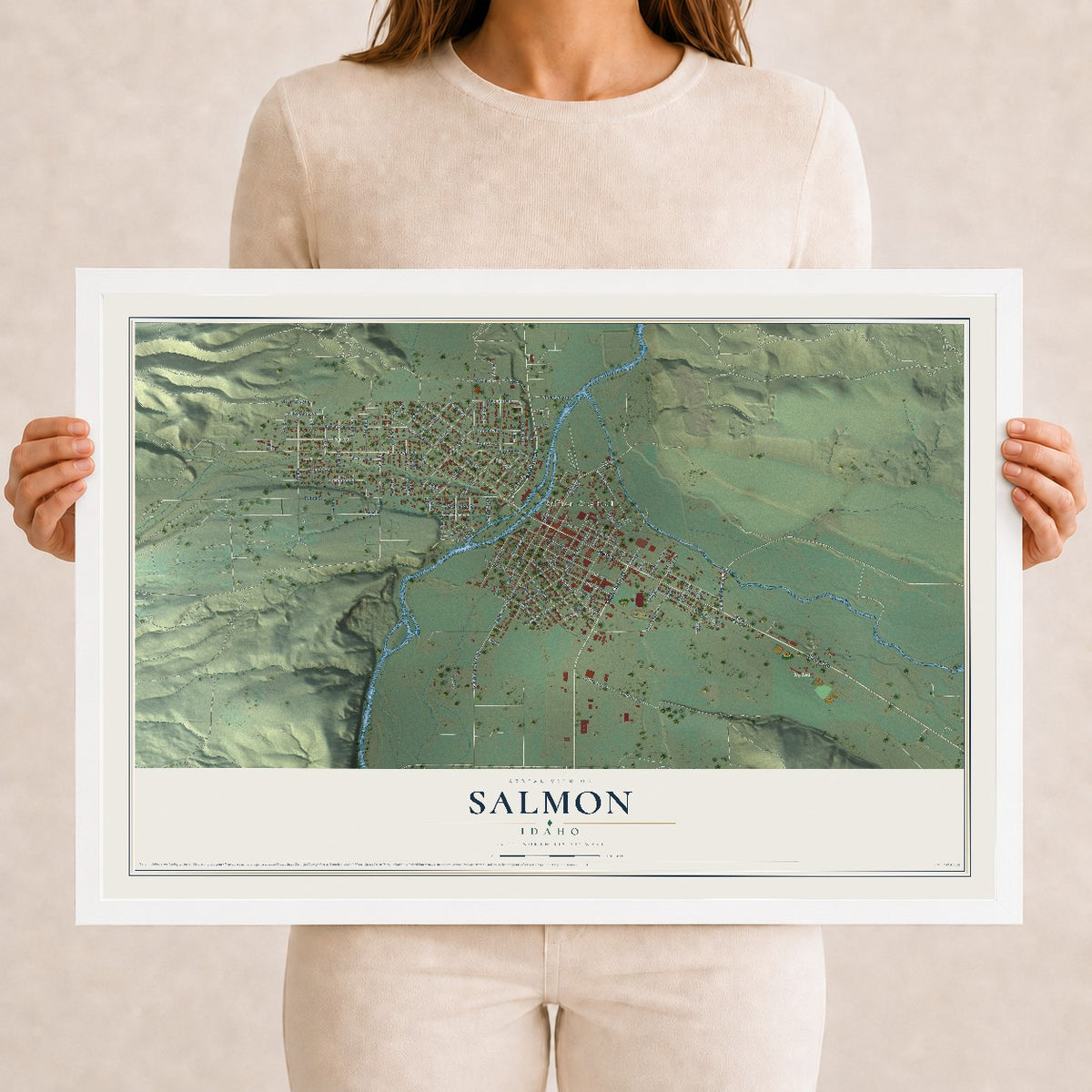 Map of Salmon, Idaho, 12 x 18 inch print in a white wood frame