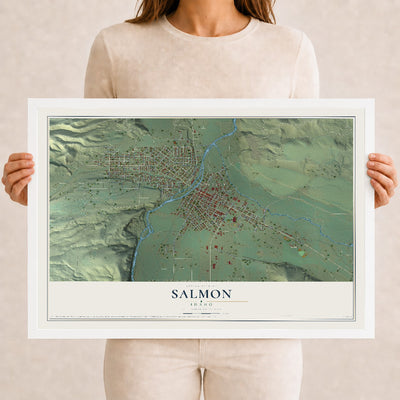 Map of Salmon, Idaho, 12 x 18 inch print in a white wood frame