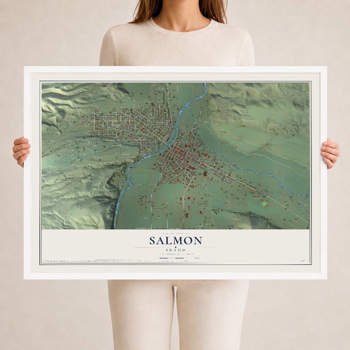 Map of Salmon, Idaho, 24 x 36 inch print in a white wood frame