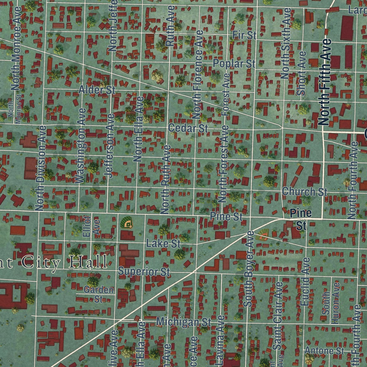 Close-up of the map of Sandpoint, Idaho print showing street and building detail