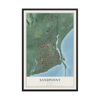 Map of Sandpoint, Idaho, 12 x 18 inch print in a black wood frame