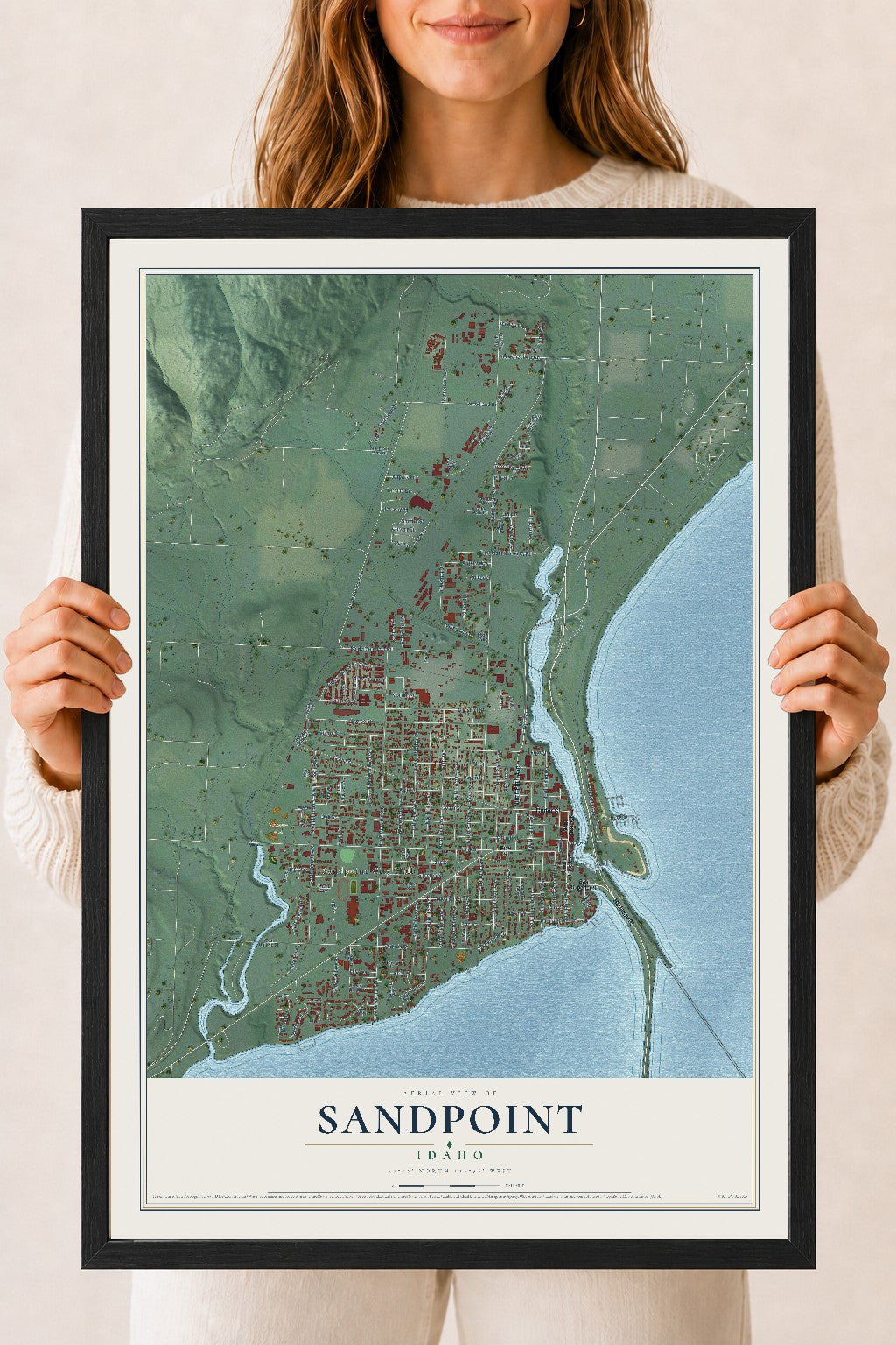 Map of Sandpoint, Idaho, 18 x 24 inch print in a black wood frame