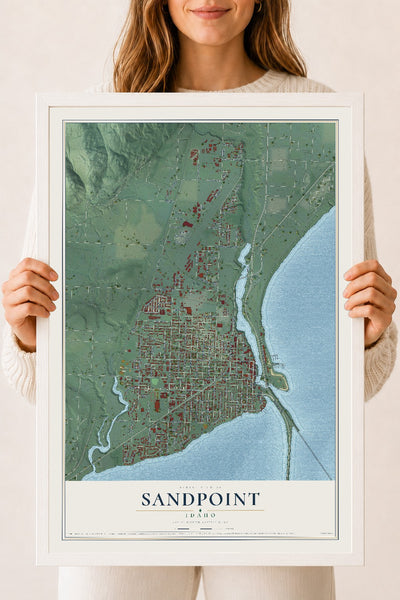 Map of Sandpoint, Idaho, 18 x 24 inch print in a white wood frame
