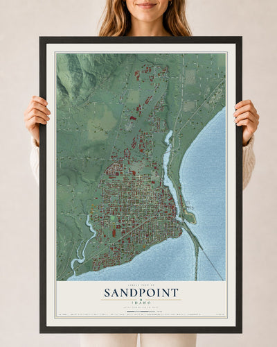 Map of Sandpoint, Idaho, 24 x 36 inch print in a black wood frame