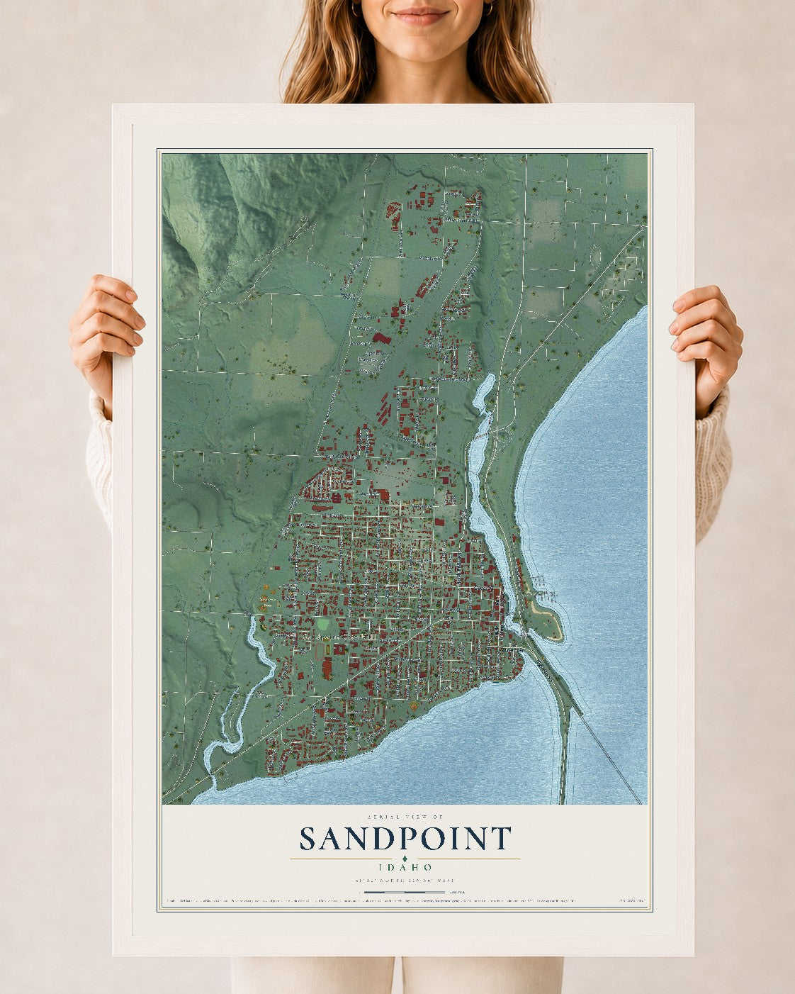 Map of Sandpoint, Idaho, 24 x 36 inch print in a white wood frame
