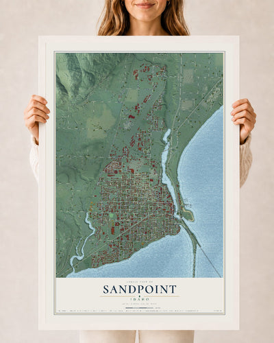 Map of Sandpoint, Idaho, 24 x 36 inch print in a white wood frame
