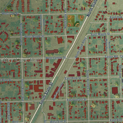 Close-up of the map of Shelley, Idaho print showing street and building detail