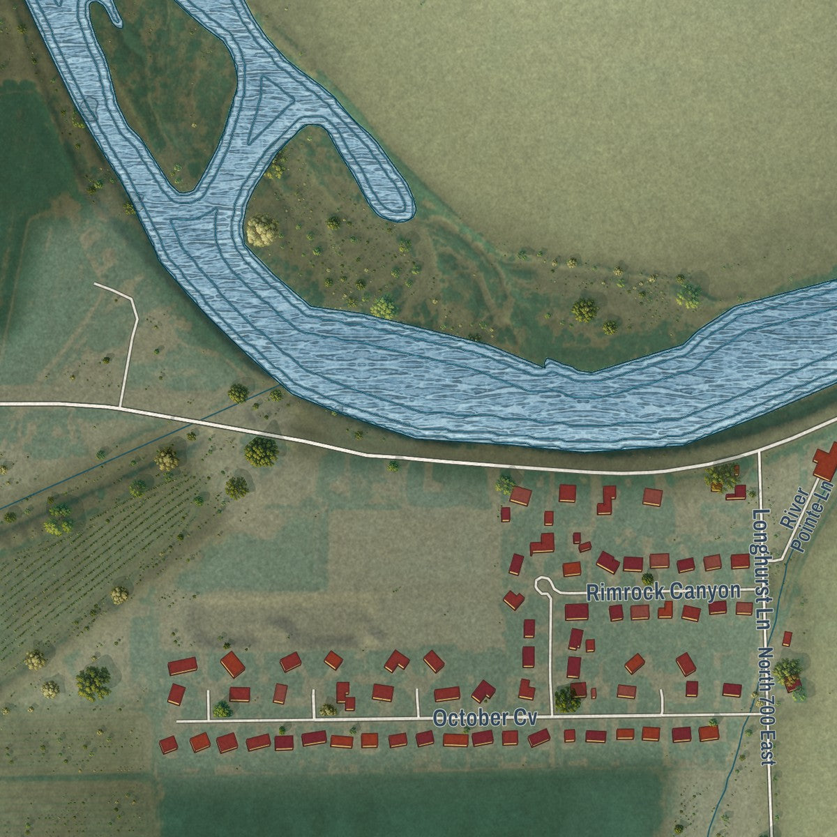 Second close-up of the map of Shelley, Idaho print showing more streets and buildings
