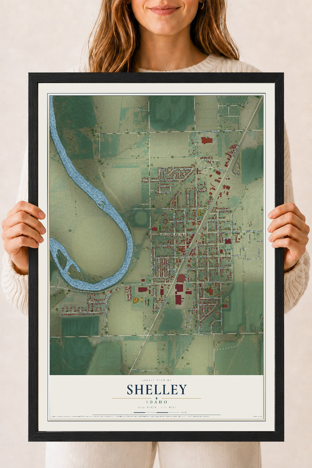 Map of Shelley, Idaho, 18 x 24 inch print in a black wood frame
