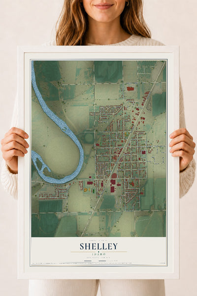 Map of Shelley, Idaho, 18 x 24 inch print in a white wood frame