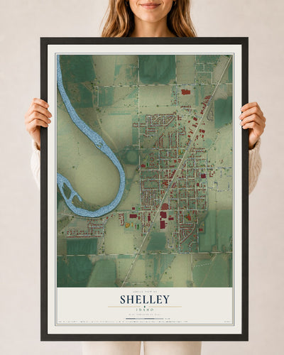 Map of Shelley, Idaho, 24 x 36 inch print in a black wood frame