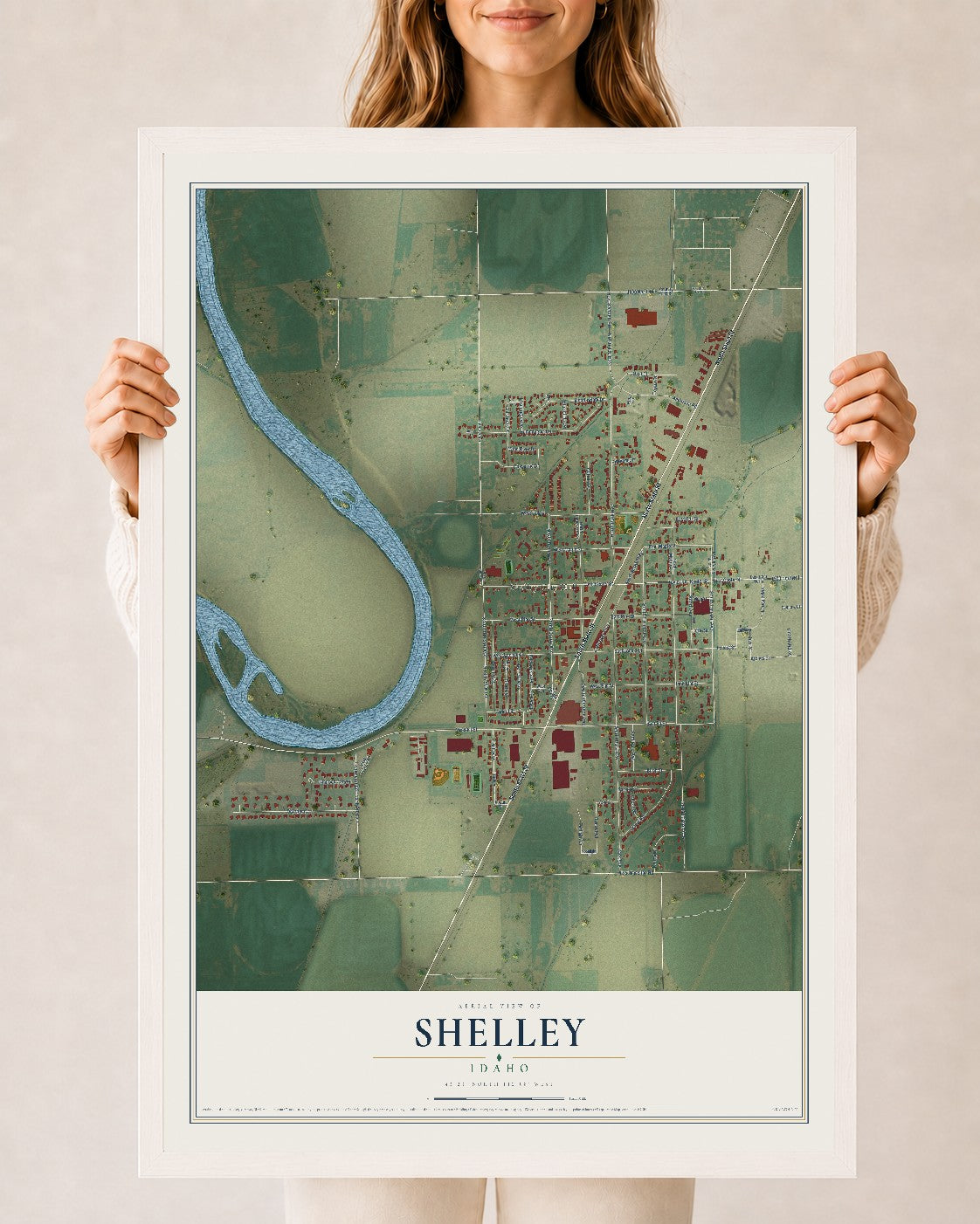Map of Shelley, Idaho, 24 x 36 inch print in a white wood frame