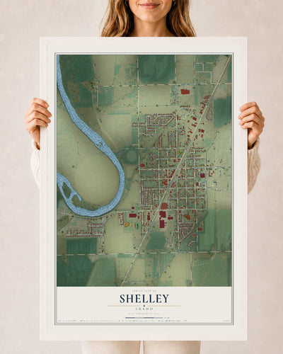Map of Shelley, Idaho, 24 x 36 inch print in a white wood frame