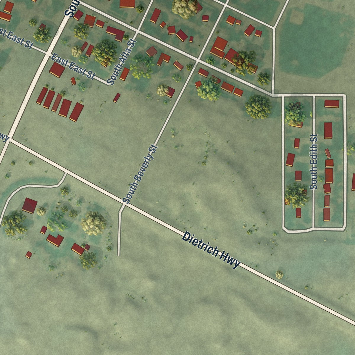 Second close-up of the map of Shoshone, Idaho print showing more streets and buildings