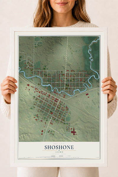Map of Shoshone, Idaho, 18 x 24 inch print in a white wood frame