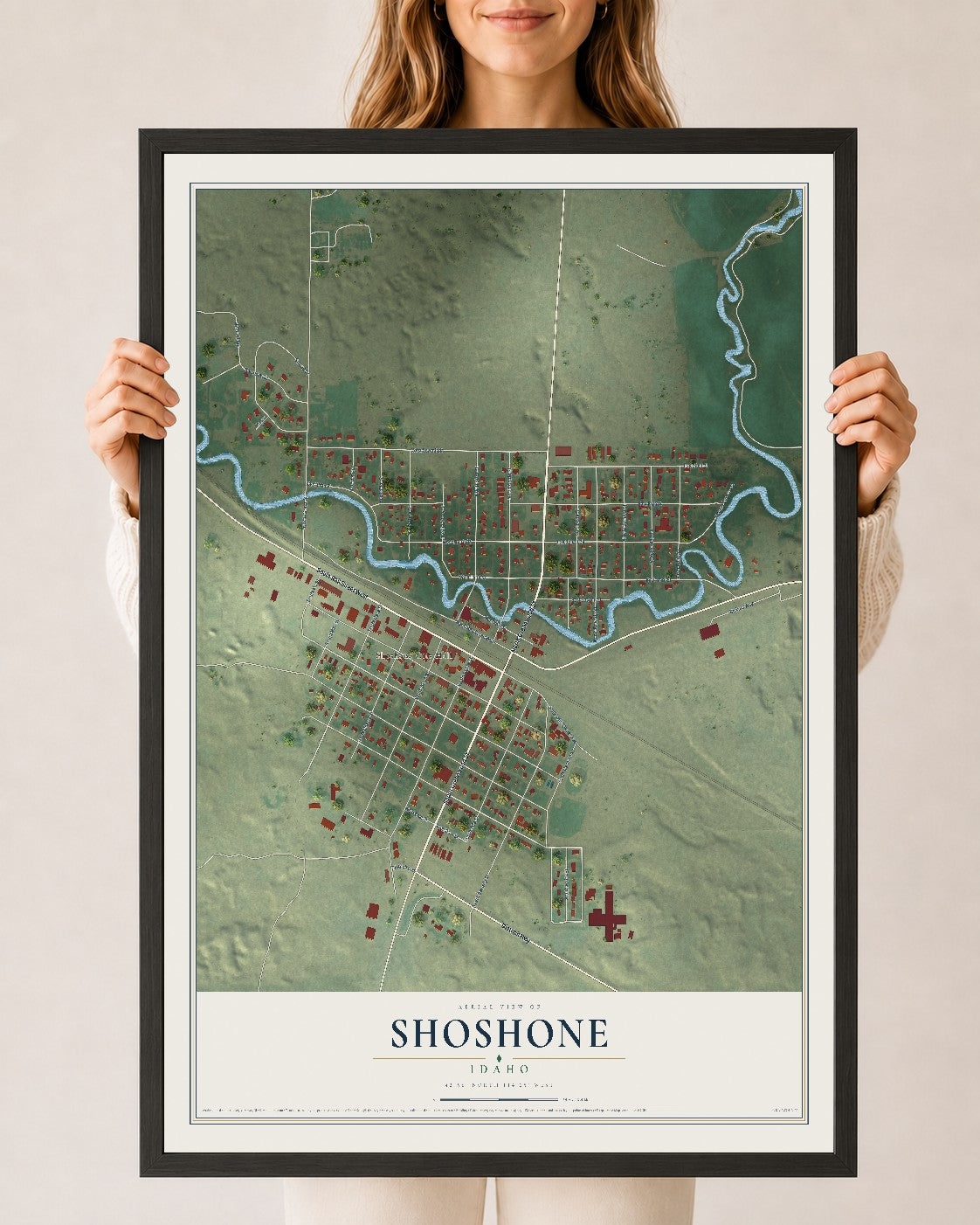 Map of Shoshone, Idaho, 24 x 36 inch print in a black wood frame