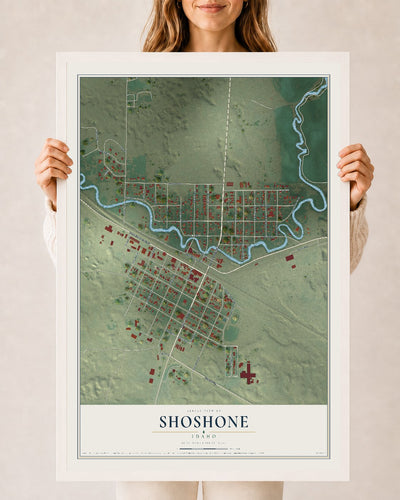 Map of Shoshone, Idaho, 24 x 36 inch print in a white wood frame