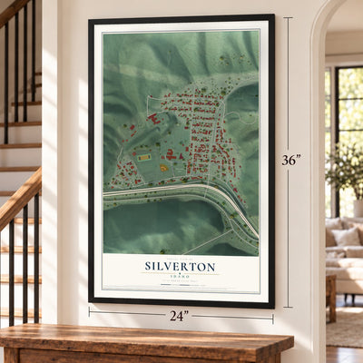 Silverton, Idaho map, 24 x 36 inch print in a black frame by a staircase