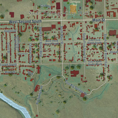 Close-up of the map of Soda Springs, Idaho print showing street and building detail