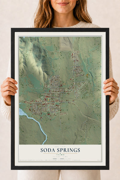 Map of Soda Springs, Idaho, 18 x 24 inch print in a black wood frame