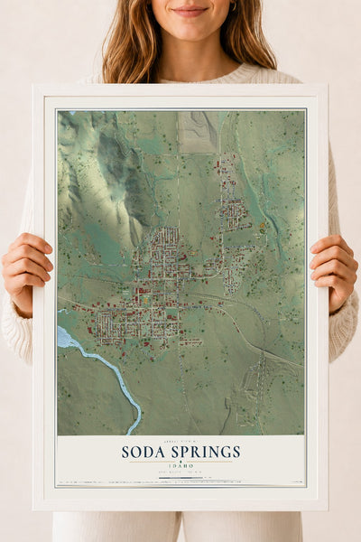 Map of Soda Springs, Idaho, 18 x 24 inch print in a white wood frame