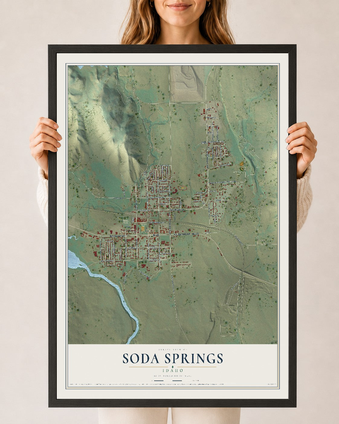 Map of Soda Springs, Idaho, 24 x 36 inch print in a black wood frame