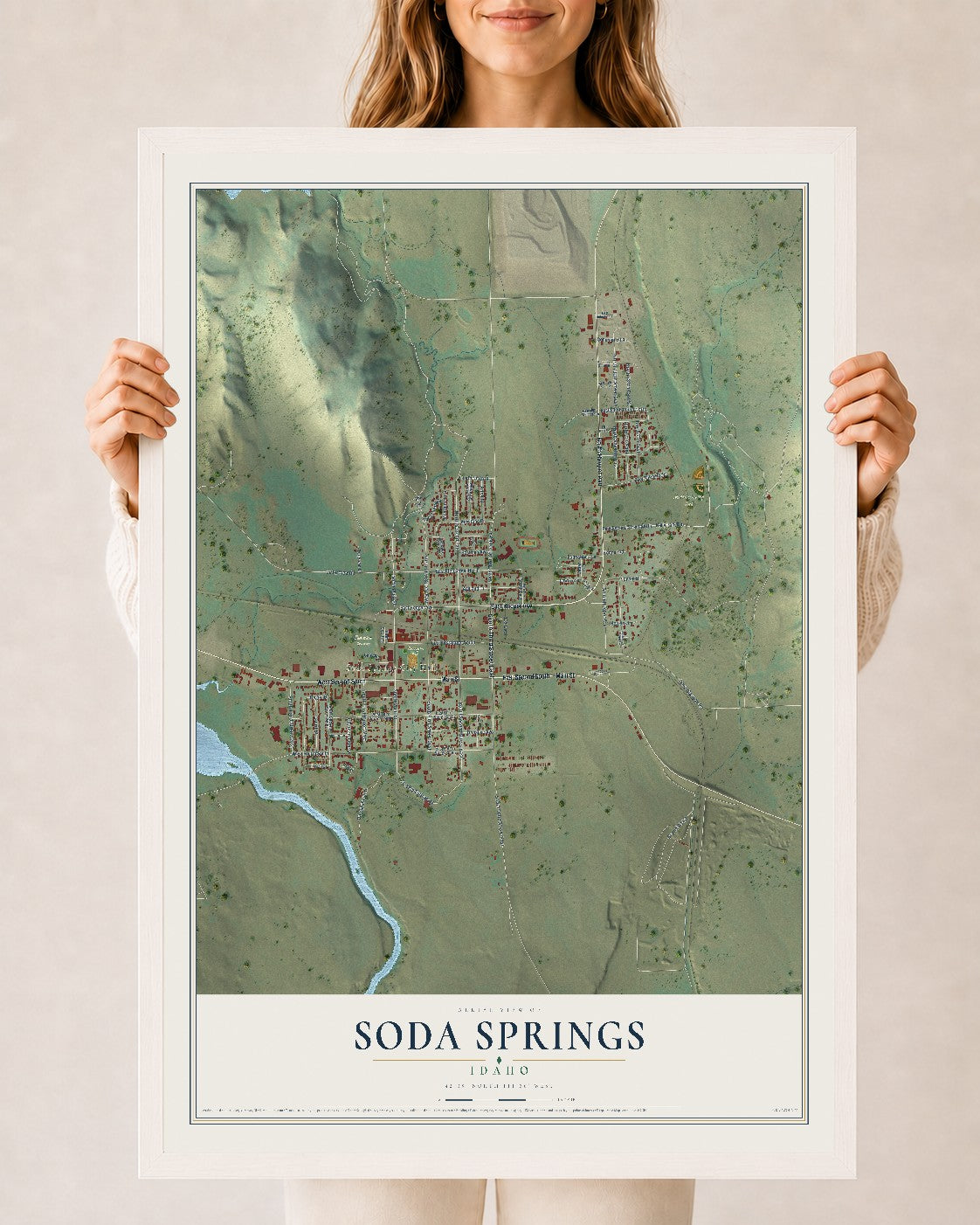 Map of Soda Springs, Idaho, 24 x 36 inch print in a white wood frame