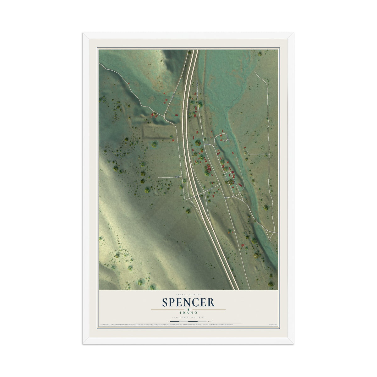 Map of Spencer, Idaho, 12 x 18 inch print in a white wood frame