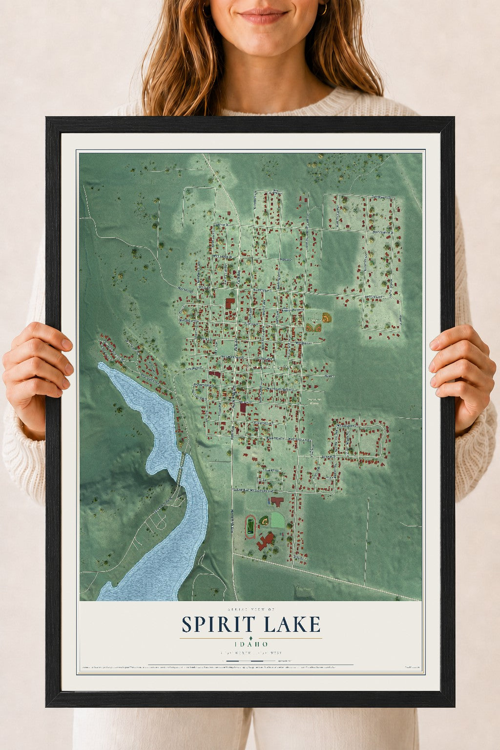 Map of Spirit Lake, Idaho, 18 x 24 inch print in a black wood frame