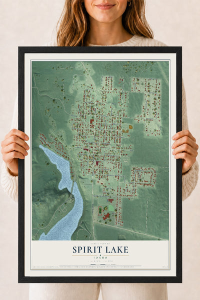 Map of Spirit Lake, Idaho, 18 x 24 inch print in a black wood frame