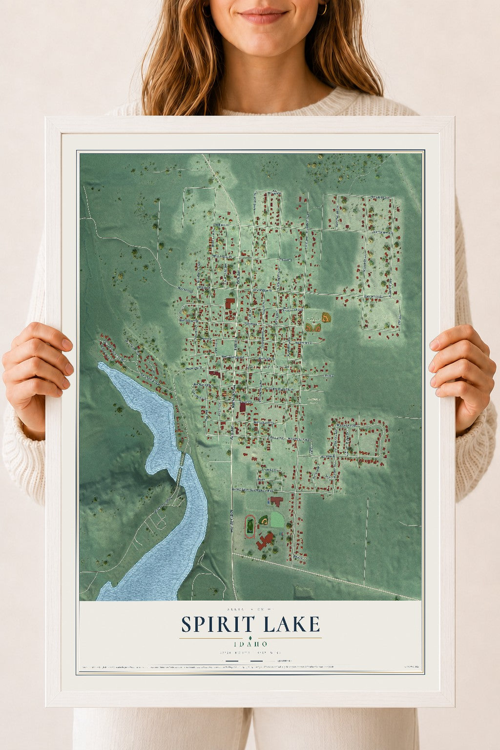 Map of Spirit Lake, Idaho, 18 x 24 inch print in a white wood frame