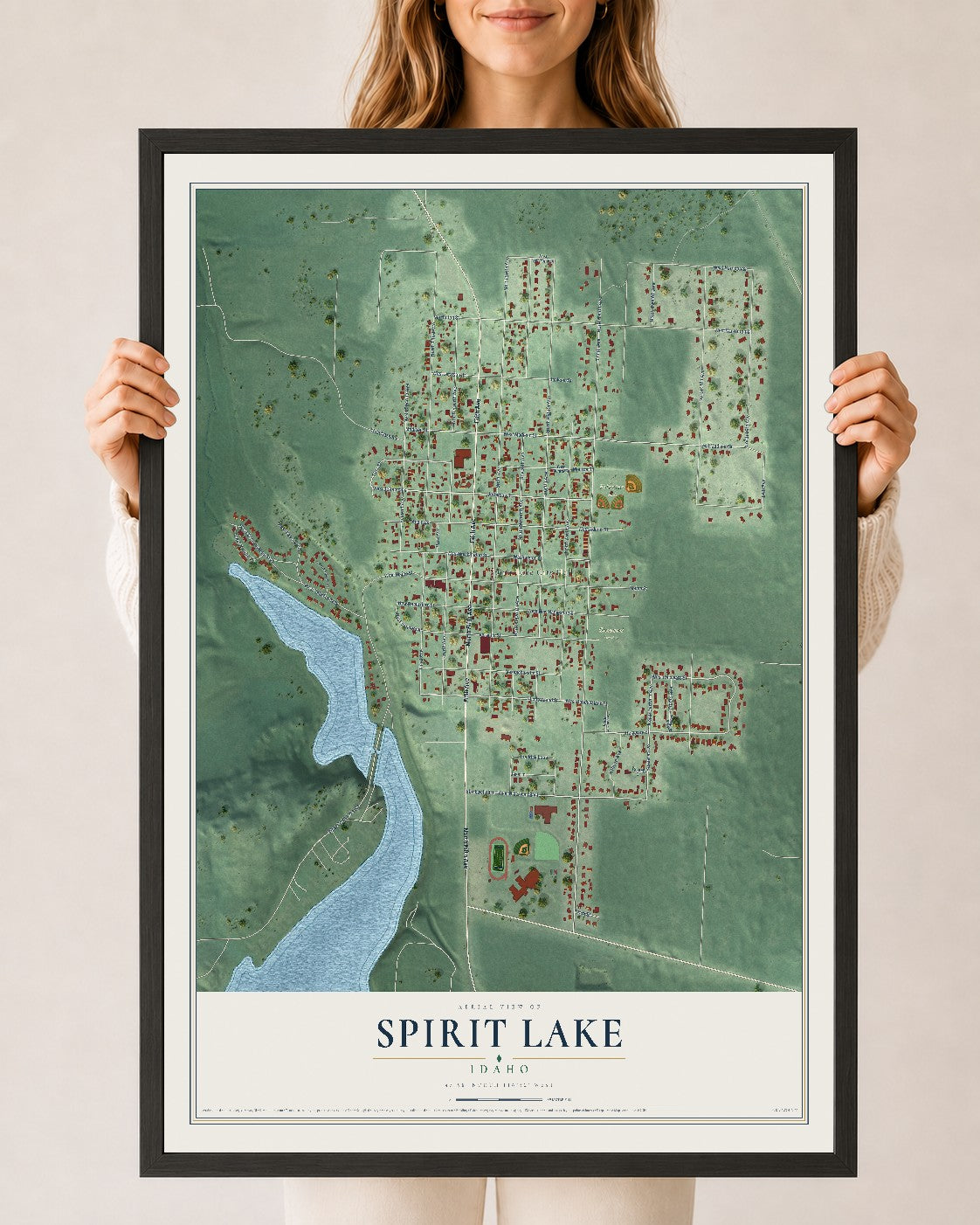 Map of Spirit Lake, Idaho, 24 x 36 inch print in a black wood frame