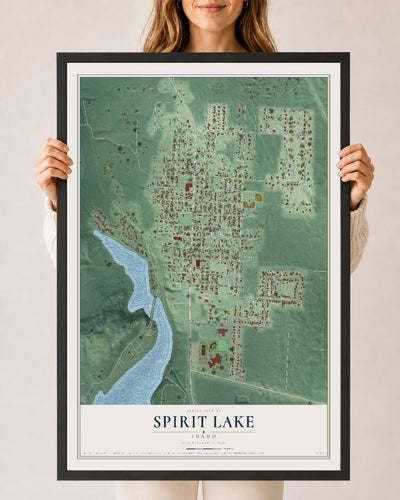 Map of Spirit Lake, Idaho, 24 x 36 inch print in a black wood frame