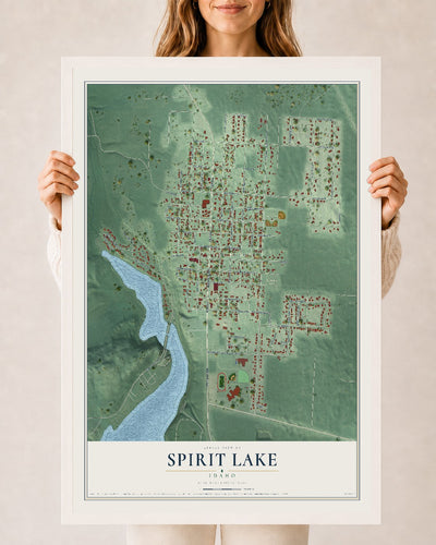 Map of Spirit Lake, Idaho, 24 x 36 inch print in a white wood frame
