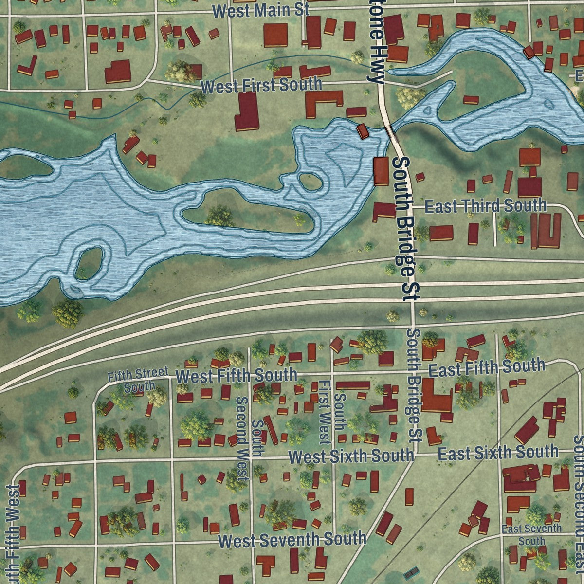 Close-up of the map of St. Anthony, Idaho print showing street and building detail