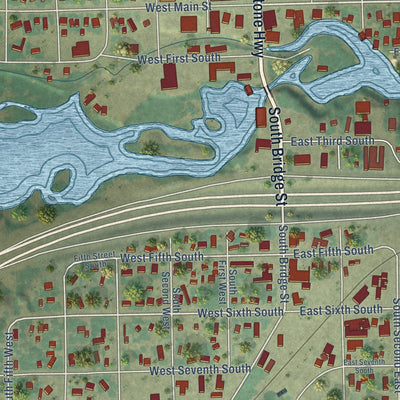 Close-up of the map of St. Anthony, Idaho print showing street and building detail