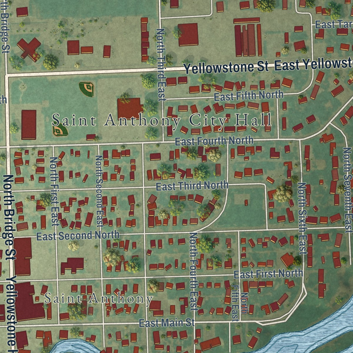 Second close-up of the map of St. Anthony, Idaho print showing more streets and buildings