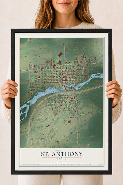 Map of St. Anthony, Idaho, 18 x 24 inch print in a black wood frame
