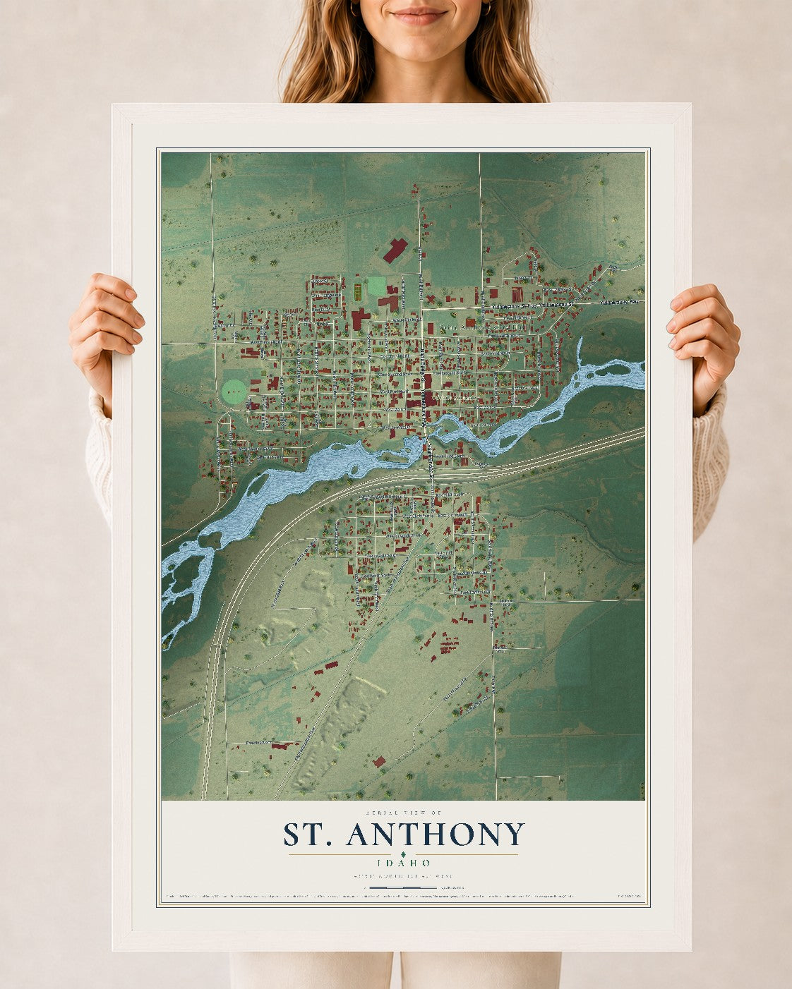 Map of St. Anthony, Idaho, 24 x 36 inch print in a white wood frame