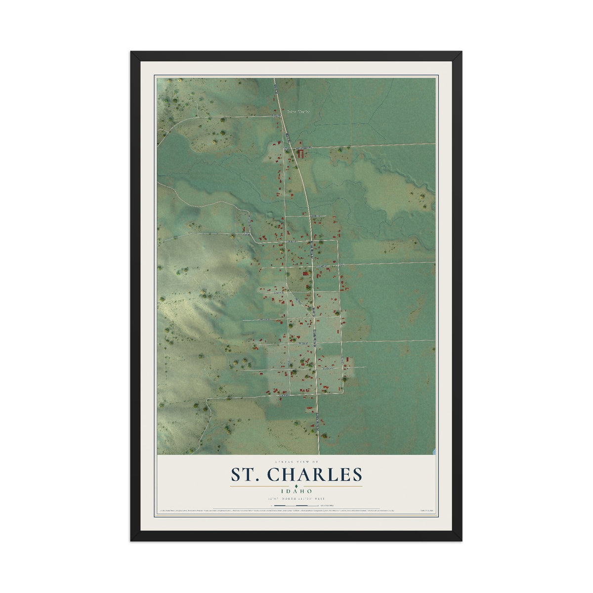 Map of St. Charles, Idaho, 12 x 18 inch print in a black wood frame