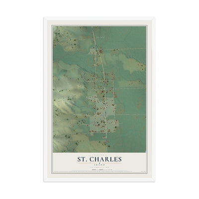 Map of St. Charles, Idaho, 12 x 18 inch print in a white wood frame