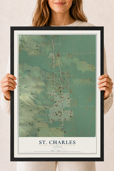 Map of St. Charles, Idaho, 18 x 24 inch print in a black wood frame