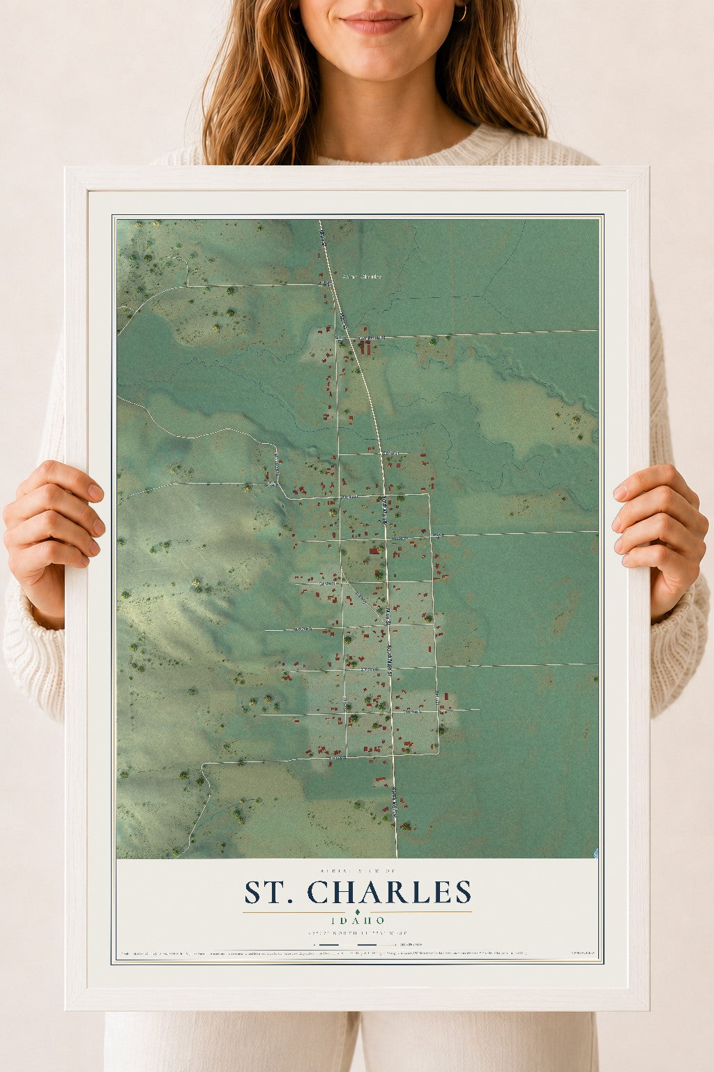 Map of St. Charles, Idaho, 18 x 24 inch print in a white wood frame