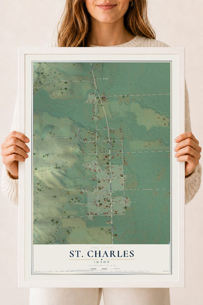 Map of St. Charles, Idaho, 18 x 24 inch print in a white wood frame