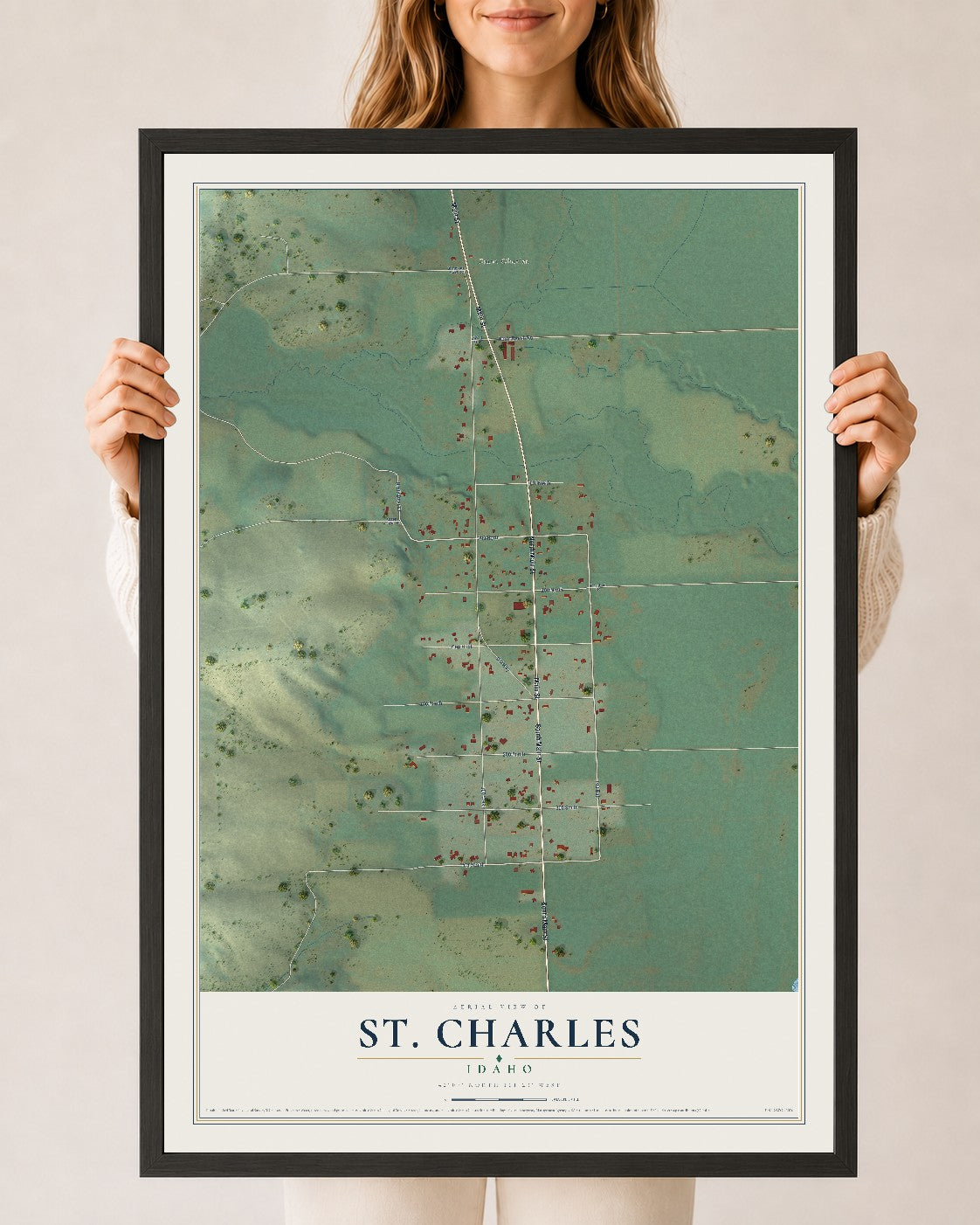 Map of St. Charles, Idaho, 24 x 36 inch print in a black wood frame