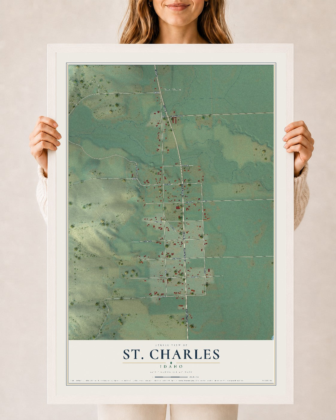 Map of St. Charles, Idaho, 24 x 36 inch print in a white wood frame