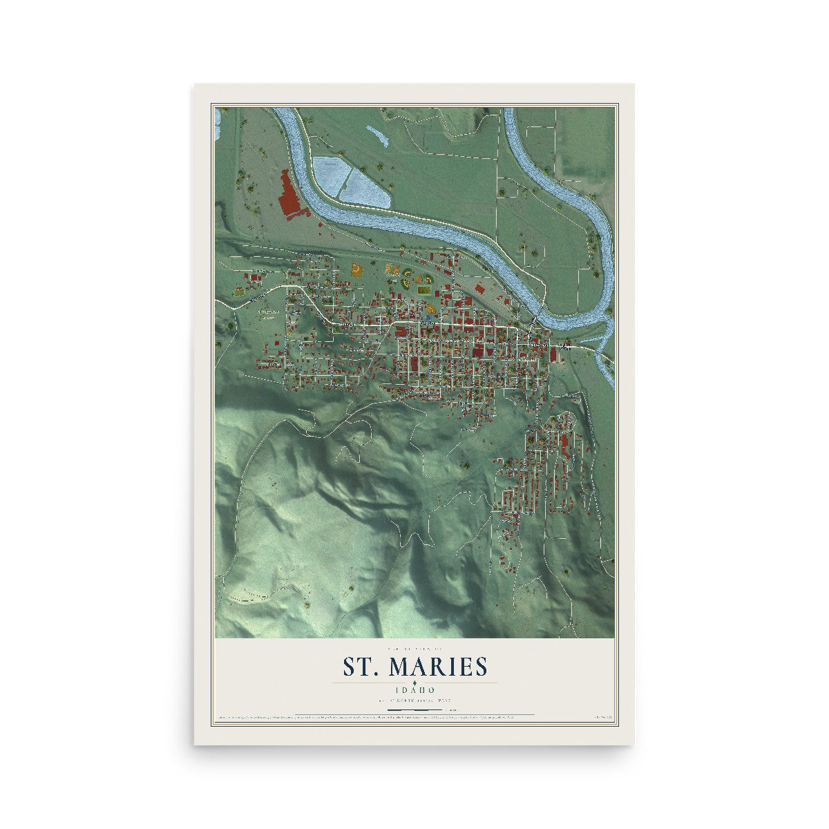 Map of St. Maries, Idaho, 12 x 18 inch unframed archival matte print