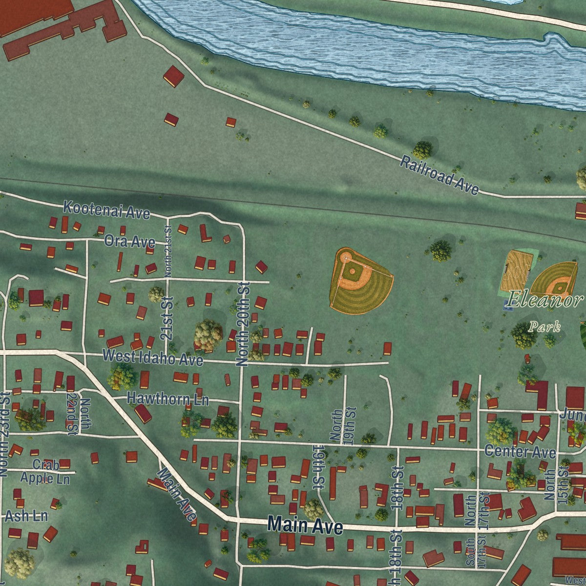 Second close-up of the map of St. Maries, Idaho print showing more streets and buildings