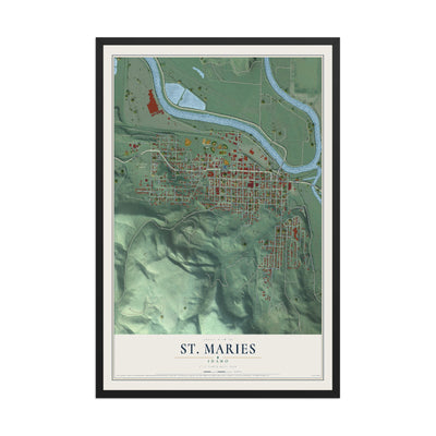 Map of St. Maries, Idaho, 12 x 18 inch print in a black wood frame